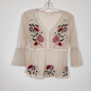 Ripe Women's Floral Embroidery Sheer Blouse Size Medium Y2K Feminine Bell Sleeve